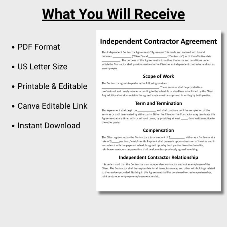 Pu&ograve; includere: Un modello digitale di contratto per appaltatore indipendente. Il documento &egrave; in formato US Letter, stampabile e modificabile tramite Canva. &Egrave; disponibile per il download immediato in formato PDF. L'accordo delinea termini, ambito di lavoro e compenso.
