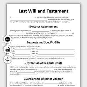 May include: A white document titled "Last Will and Testament" with fillable sections for personal information, executor appointment, and distribution of assets. Includes a Canva logo and a PDF icon.