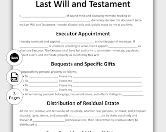 Last Will and Testament, Customizable Testament Form Template, Printable Basic Will Template, Personalized will, Editable Canva, Instant PDF