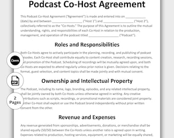 Umowa o współprowadzenie podcastu, dostosowywalny szablon umowy biznesowej o partnerstwie ze współprowadzeniem, drukowalna umowa o współpracy przy podcaście