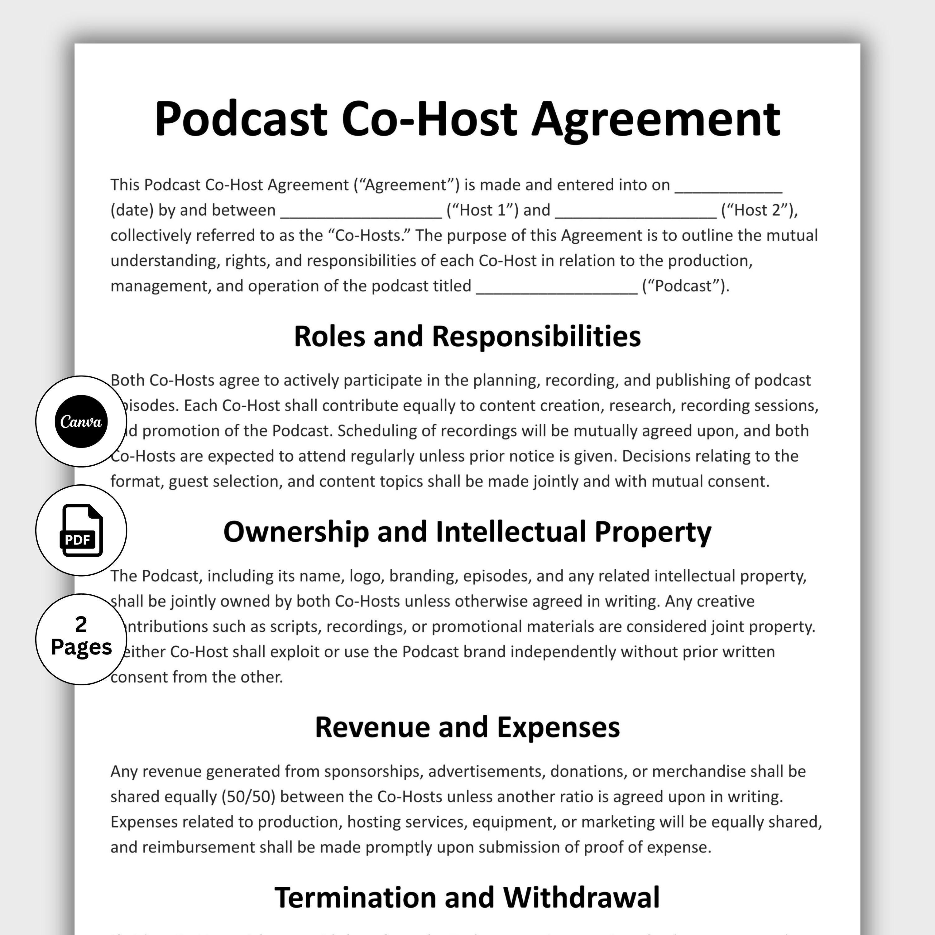 Podcast Co-host Agreement, Customizable Co Host Partnership Business ...