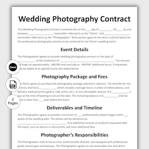 Könnte beinhalten: Eine Vorlage für einen Hochzeitsfotografie-Vertrag mit dem Titel „Hochzeitsfotografie-Vertrag“. Das Dokument enthält Abschnitte für Veranstaltungsdetails, Fotografiepakete und -gebühren, Lieferungen und Verantwortlichkeiten des Fotografen. Das Dokument ist zwei Seiten lang.