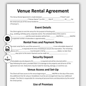 Op de afbeelding: Een sjabloon voor een huurovereenkomst voor een locatie op wit papier. Het document bevat secties voor evenementdetails, huurkosten, borg en toegang tot de locatie. Het document is beschikbaar in PDF-formaat en is 2 pagina's lang.