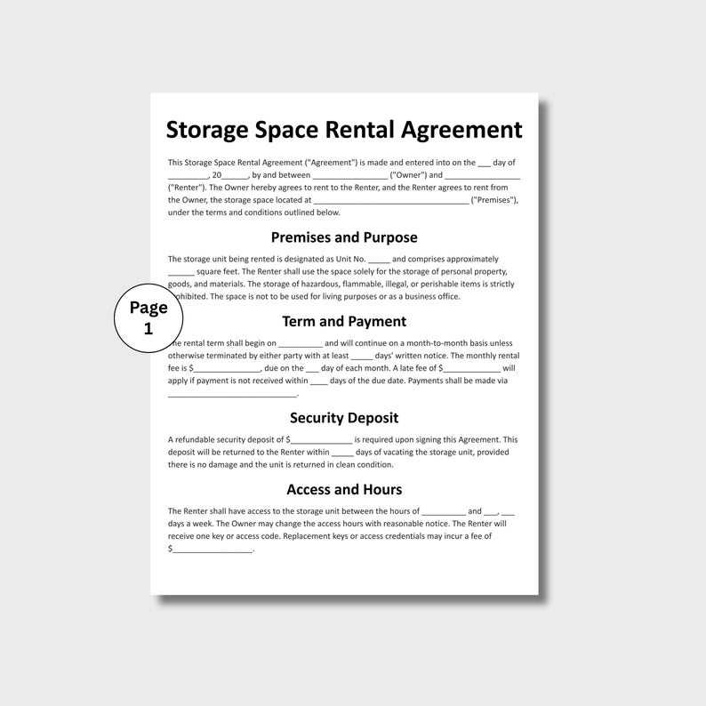 Storage Space Rental Agreement, Customizable Contractor Storage Form ...