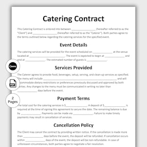 Könnte beinhalten: Eine weiße Catering-Vertragsvorlage mit dem Titel „Catering Contract“. Das Dokument enthält Abschnitte für Veranstaltungsdetails, erbrachte Leistungen, Zahlungsbedingungen und Stornierungsbedingungen. Canva- und PDF-Symbole sind sichtbar.