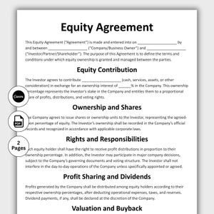 Equity Agreement, Customizable Shareholder Contract Form Template, Printable Equity Share Document, Business Partnership Agreement