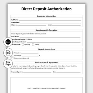Può includere: Un modulo di autorizzazione all'accredito diretto con sezioni per le informazioni sul dipendente e sul conto bancario. Include campi per nome completo, indirizzo, nome della banca, numero di routing e numero di conto. Il modulo ha anche una sezione per le istruzioni.