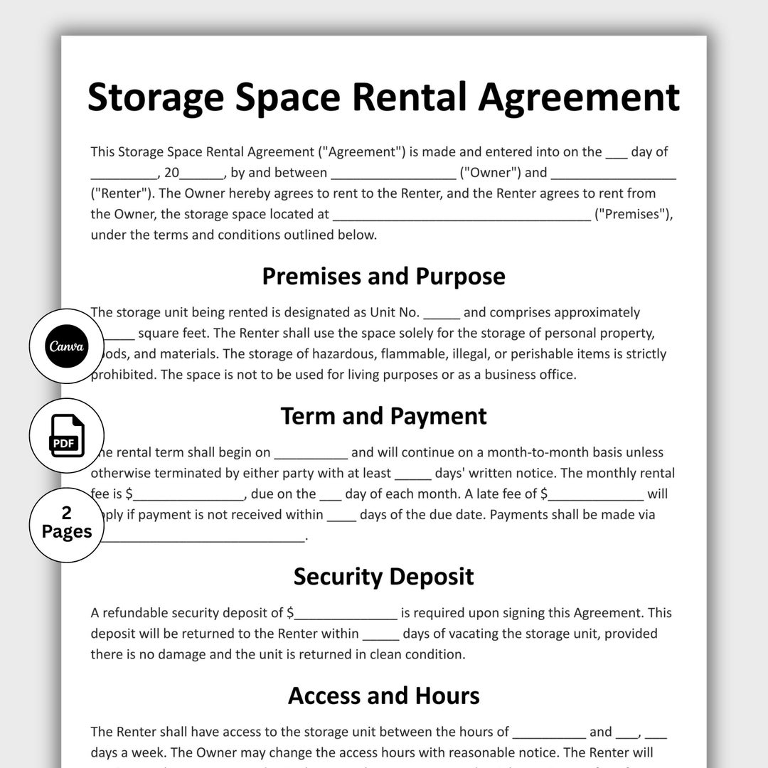 Storage Space Rental Agreement, Customizable Contractor Storage Form ...