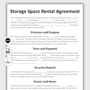 May include: A black and white document titled "Storage Space Rental Agreement" with sections for premises, payment, and security deposit. Includes a Canva logo, a PDF icon, and a "2 Pages" label.
