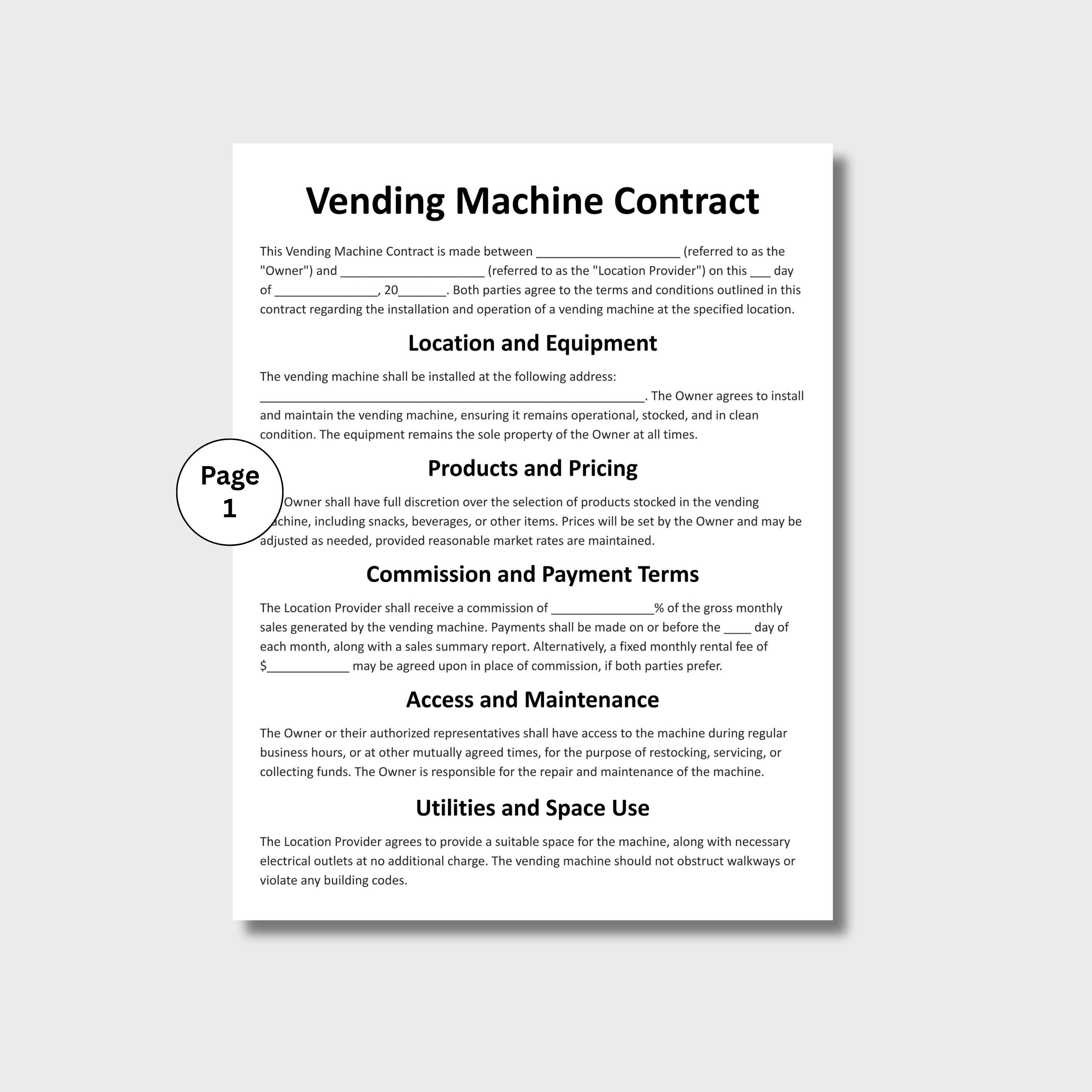 Vending Machine Contract, Customizable Vending Rental Form Template ...