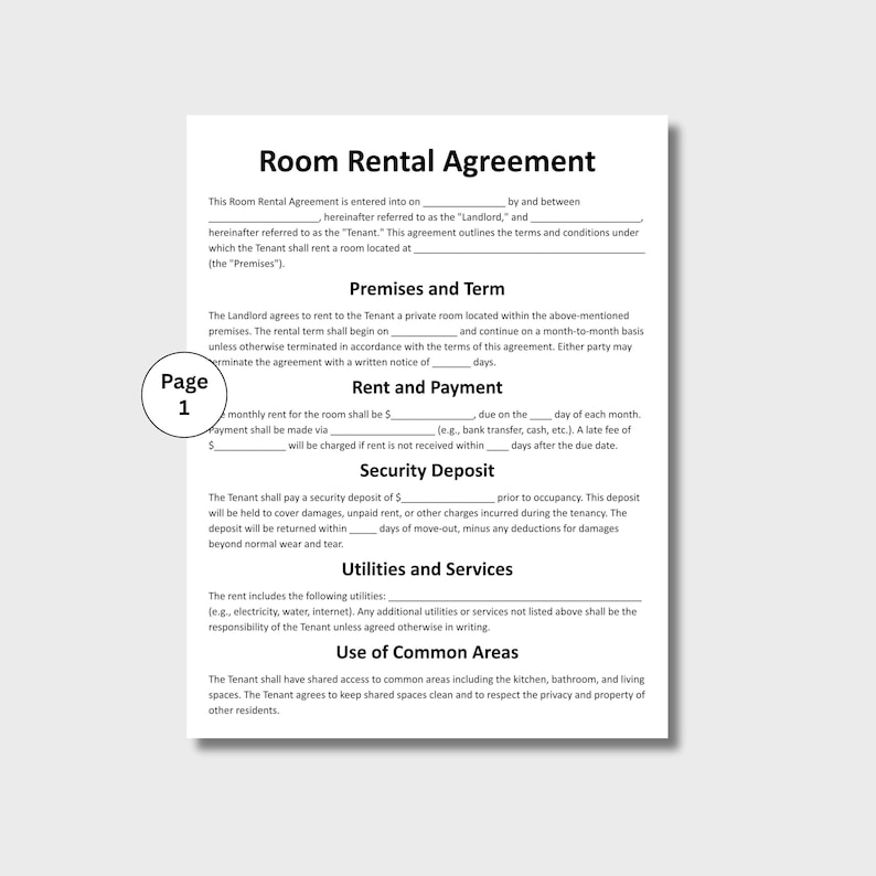 Room Renting Paper Room Rental Agreement, Customizable Room Tenancy Contract Form Template ...