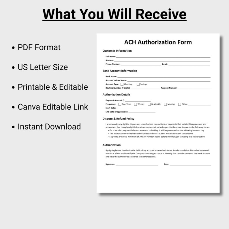 ACH Authorization Form, Customizable Debit Authorization Form, ACH ...