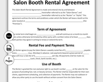 Contratto di noleggio di stand per salone di bellezza, modello di contratto di noleggio personalizzabile, contratto di locazione di postazioni per salone di bellezza stampabile, noleggio di spa, sedia per salone di bellezza
