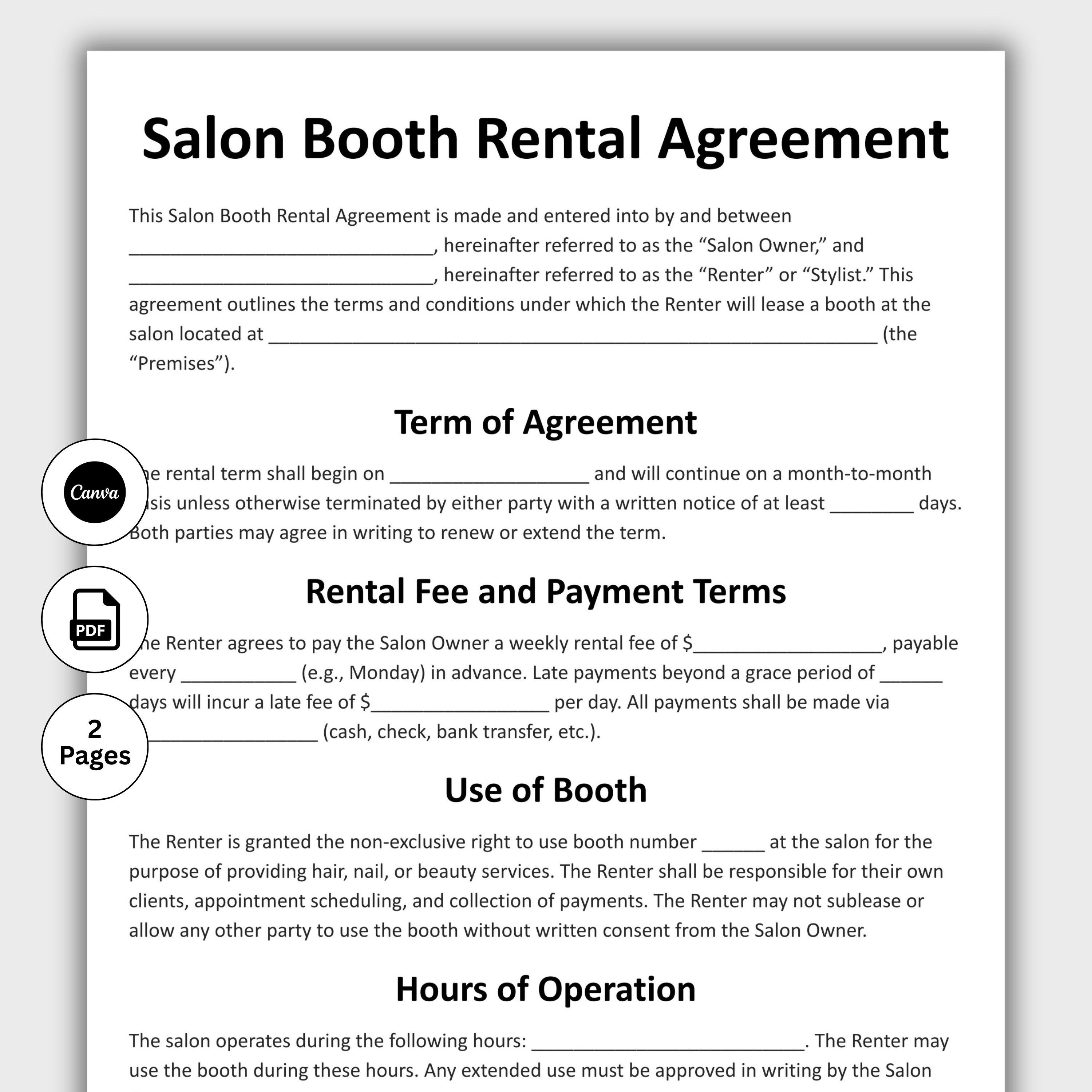 Salon Booth Rental Contract, Customizable Booth Rental Agreement