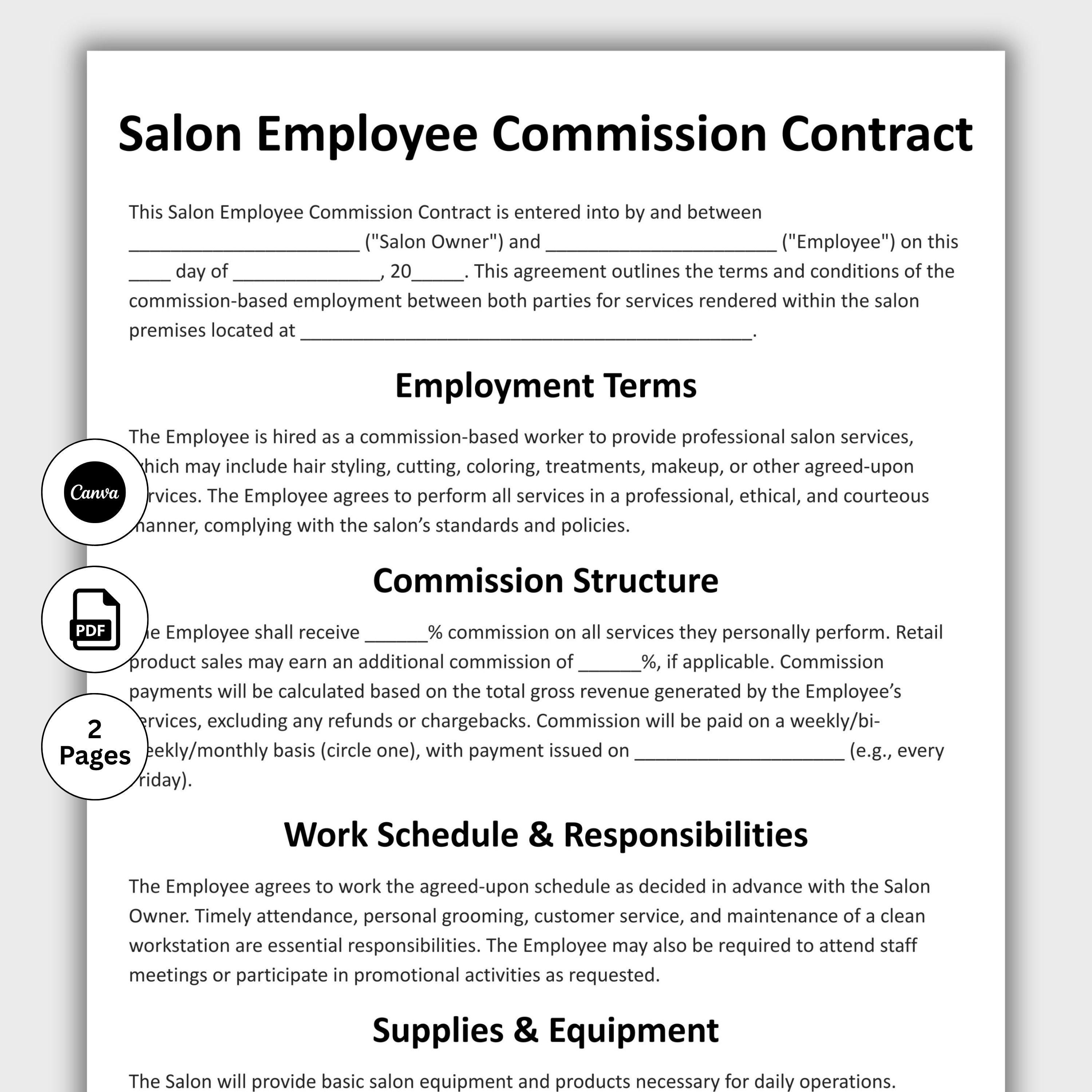 Salon Employee Commission Contract, Customizable Stylist Commission ...