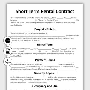 May include: A white document titled "Short Term Rental Contract" with sections for property details, rental terms, payment terms, and security deposit. Includes Canva and PDF icons, and a "2 Pages" indicator.