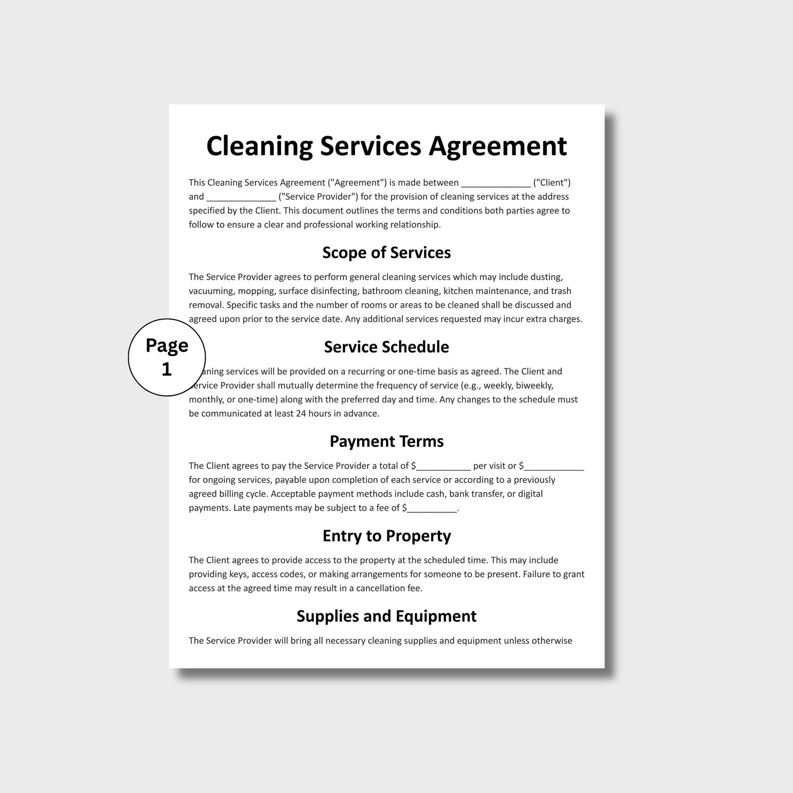 Cleaning Service Contract, Customizable Cleaning Business Form Template ...