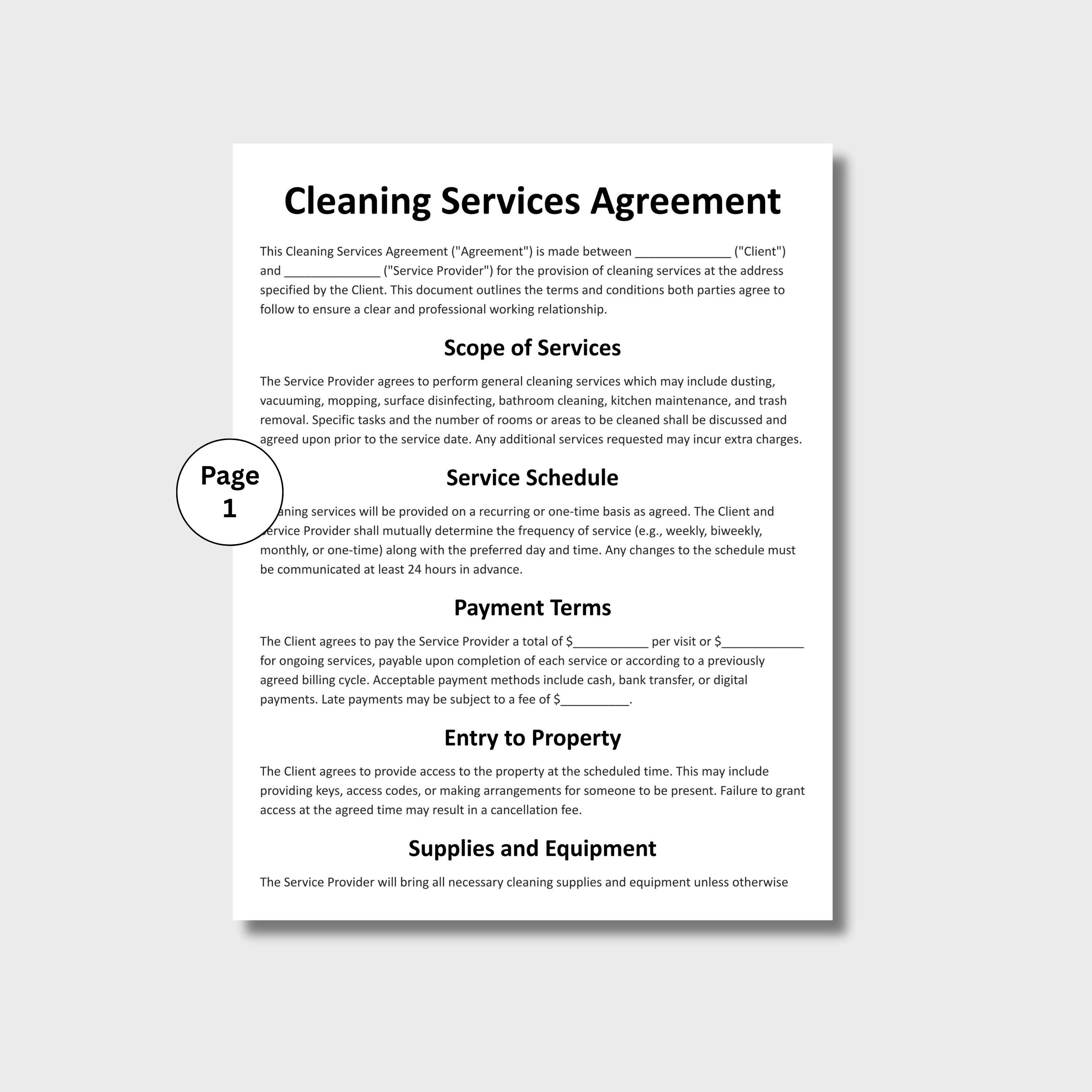 Cleaning Service Contract, Customizable Cleaning Business Form Template ...