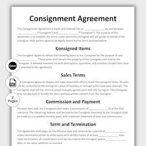 May include: A Consignment Agreement document, with sections on 'Consigned Items' and 'Sales Terms'. Includes a Canva logo, a PDF icon, and a '2 Pages' indicator. The document details the terms for selling goods on behalf of a consignor.