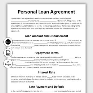 Personal Loan Agreement, Customizable Digital Loan Contract Form Template, Printable Promissory Note, Editable in Canva, Instant Download
