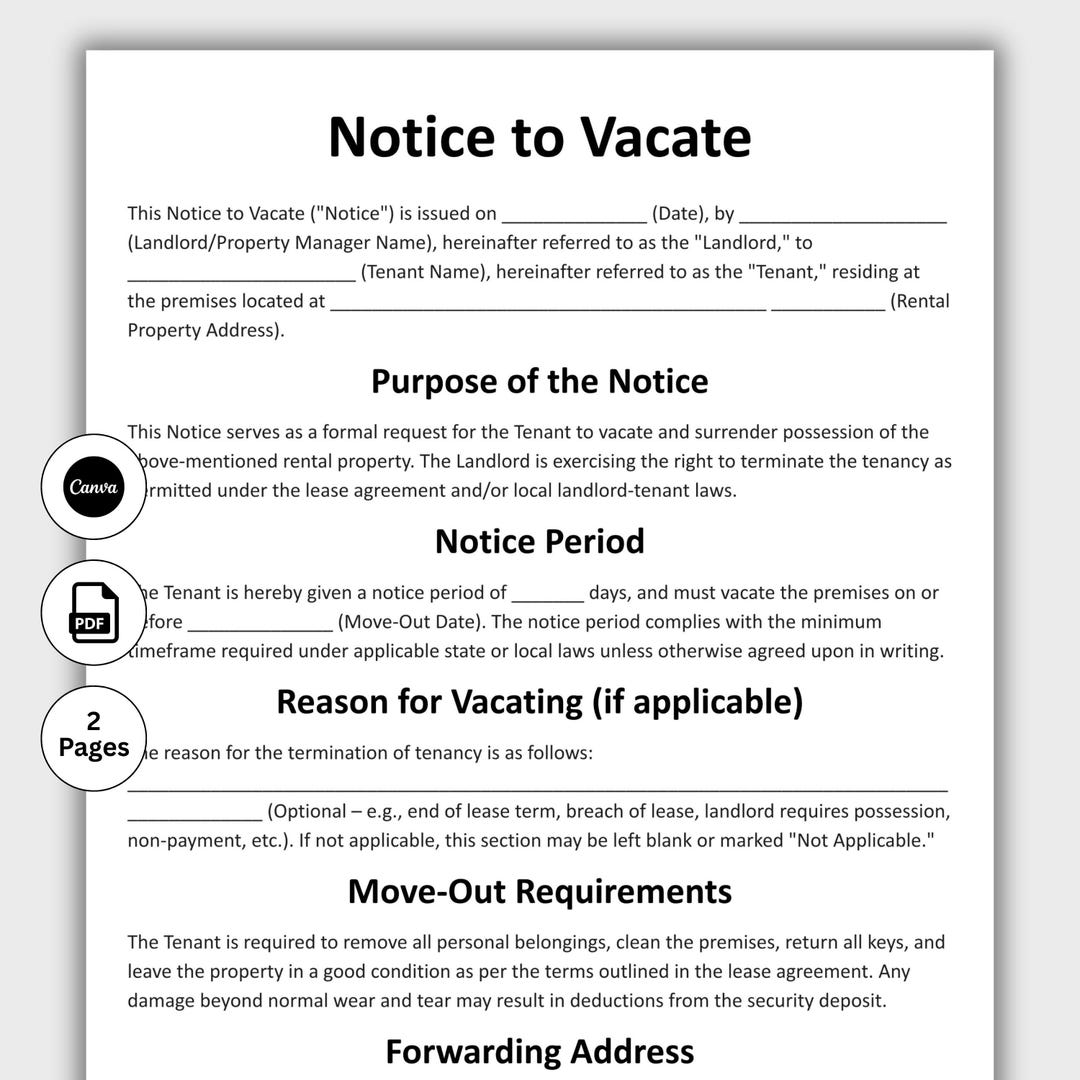 Notice to Vacate, Customizable Eviction Notice Form Template, Printable ...