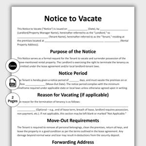 Notice to Vacate, Customizable Eviction Notice Form Template, Printable Lease termination form, Landlord Notice To Vacate, Editable in Canva