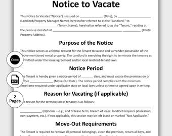 Notice to Vacate, Customizable Eviction Notice Form Template, Printable Lease termination form, Landlord Notice To Vacate, Editable in Canva
