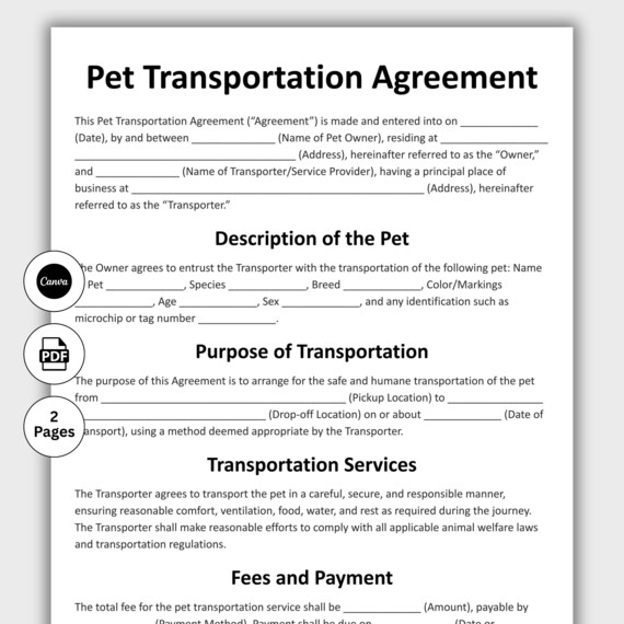 Pet Transportation Agreement, Customizable Animal Courier Contract Form, Printable Liability Waiver Veterinary Care Instant Digital Download