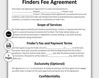 Finders Fee Agreement, Customizable Business Introduction Contract Form Template, Printable Affiliate Partnership Instant Digital Download