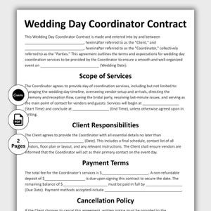 May include: A black and white document titled "Wedding Day Coordinator Contract." The contract outlines services, client responsibilities, payment terms, and cancellation policy. Includes Canva and PDF icons, and indicates the document is 2 pages long.