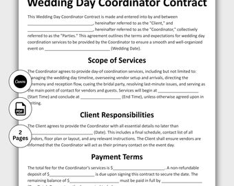 May include: A black and white document titled "Wedding Day Coordinator Contract." The contract outlines services, client responsibilities, payment terms, and cancellation policy. Includes Canva and PDF icons, and indicates the document is 2 pages long.