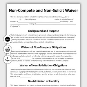 May include: A black and white document titled "Non-Compete and Non-Solicit Waiver." The document includes sections on background, purpose, and waivers of obligations. The document has a Canva logo and a PDF icon. The document is two pages long.