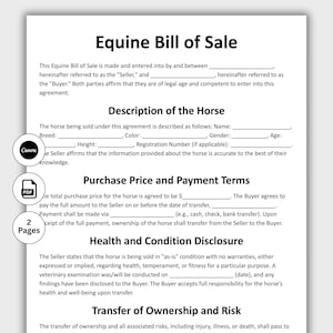 Puede incluir: Plantilla de documento de Venta de Equinos. El documento incluye secciones para la descripción del caballo, el precio de compra, los términos de pago, la divulgación de la salud y la transferencia de propiedad. Incluye iconos de Canva y PDF, 2 páginas.