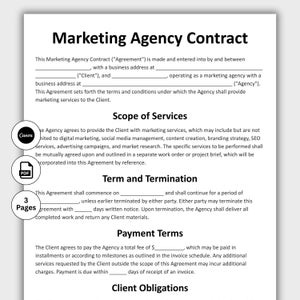 May include: A Marketing Agency Contract document with the title "Marketing Agency Contract" in bold black text. The document includes sections for Scope of Services, Term and Termination, and Payment Terms. A Canva logo and a PDF icon are visible.