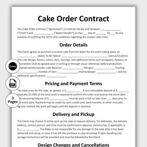 Könnte beinhalten: Ein weißes Cake Order Contract-Dokument mit schwarzem Text. Der Vertrag enthält Abschnitte für Bestelldetails, Preise, Zahlungsbedingungen, Lieferung und Designänderungen. Ein Canva-Logo und ein PDF-Symbol sind sichtbar.