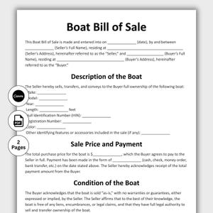 Puede incluir: Un documento de compraventa de embarcación con el título en la parte superior. El documento incluye secciones para la información del vendedor y del comprador, la descripción de la embarcación, el precio de venta y las condiciones. El documento está disponible en formato PDF.
