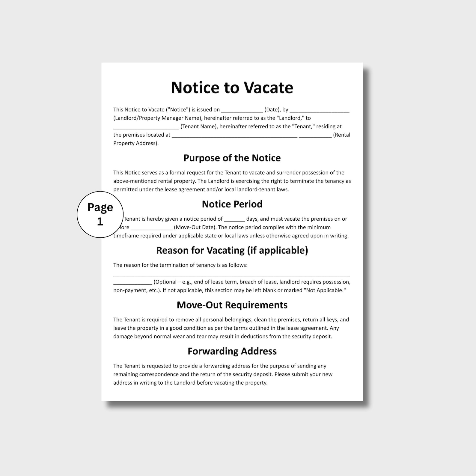 Notice to Vacate, Customizable Eviction Notice Form Template, Printable ...