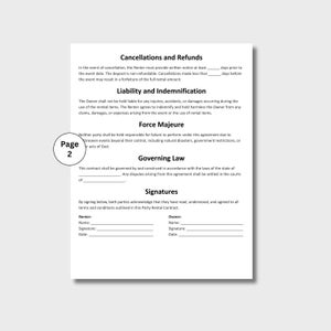 May include: A white document with black text detailing a party rental contract. Sections include Cancellations and Refunds, Liability and Indemnification, Force Majeure, Governing Law, and Signatures. The document is labeled "Page 2".