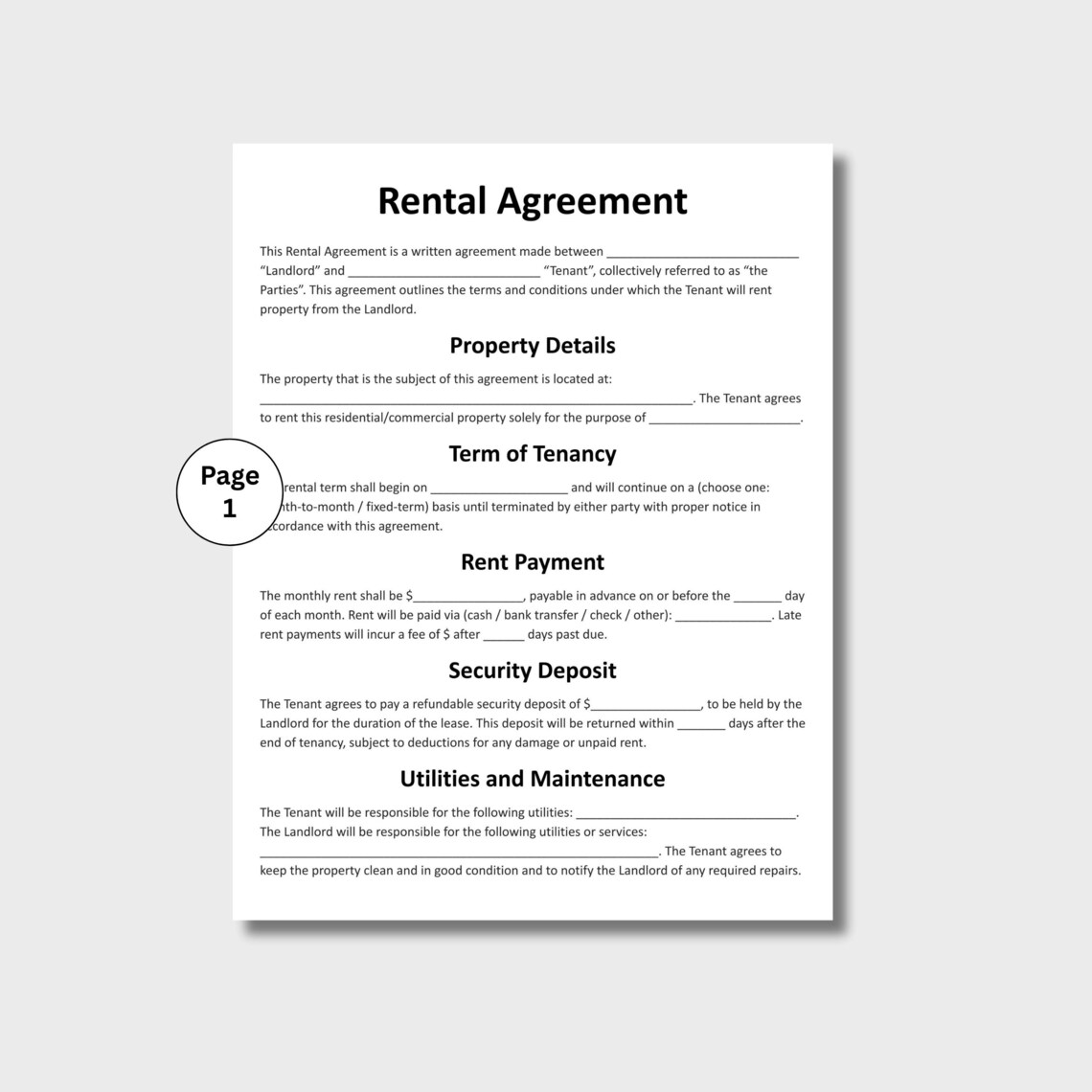 Customizable rental contract form template