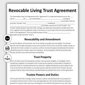 May include: A printed document titled "Revocable Living Trust Agreement." The document includes sections on revocability, amendment, trust property, and trustee powers. The document has a "Canva" logo, a "PDF" icon, and indicates "2 Pages."