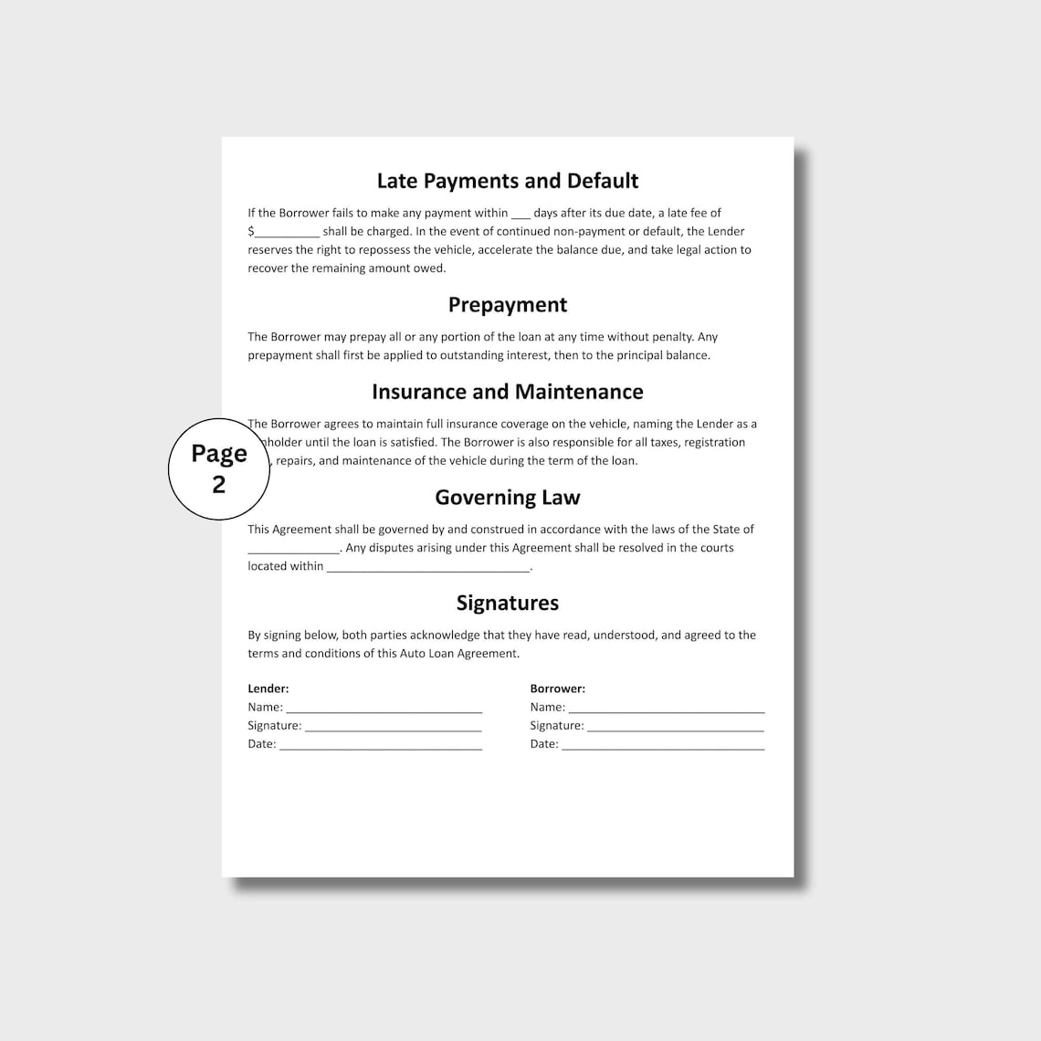 Auto Loan Agreement, Customizable Auto Finance Plan Form Template