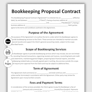 May include: A white document titled "Bookkeeping Proposal Contract" with text outlining the agreement's purpose, scope, and terms. Includes Canva and PDF icons, and indicates the document is 2 pages long. The contract details bookkeeping services.