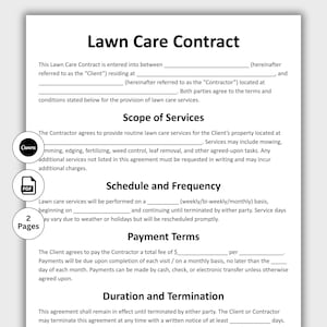 Peut inclure: Un modèle de contrat d'entretien de pelouse blanc avec du texte noir. Le document comprend des sections pour la portée des services, l'horaire, les conditions de paiement et la durée. Les icônes Canva et PDF sont visibles, ainsi qu'un indicateur '2 Pages'.