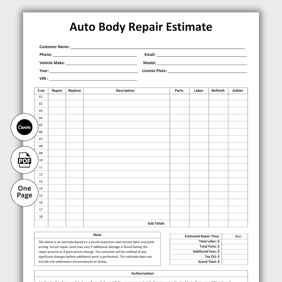 Auto Body Repair Estimate, Customizable Auto Repair Estimate, Mechanic ...