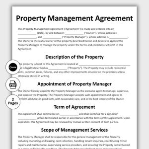 May include: A black and white Property Management Agreement document. The document includes sections for the owner, property manager, and property description. The document also includes the Canva and PDF logos, and the number of pages.