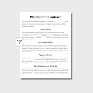Puede incluir: Un contrato de alquiler de fotomat&oacute;n impreso en papel blanco. El contrato incluye secciones para los detalles del evento, los servicios prestados, los t&eacute;rminos de pago y las cancelaciones. El documento tiene el texto "Photobooth Contract" en la parte superior y "Page 1" en un c&iacute;rculo a la izquierda.