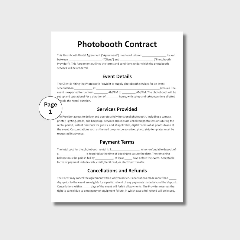 Puede incluir: Un contrato de alquiler de fotomat&oacute;n impreso en papel blanco. El contrato incluye secciones para los detalles del evento, los servicios prestados, los t&eacute;rminos de pago y las cancelaciones. El documento tiene el texto "Photobooth Contract" en la parte superior y "Page 1" en un c&iacute;rculo a la izquierda.