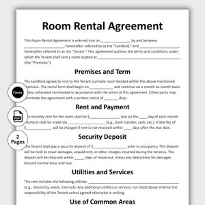 Room Rental Agreement, Customizable Room Tenancy Contract Form Template, Printable Roommate Room Rental Agreement, Instant Download Digital