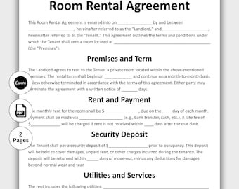 Room Rental Agreement, Customizable Room Tenancy Contract Form Template, Printable Roommate Room Rental Agreement, Instant Download Digital
