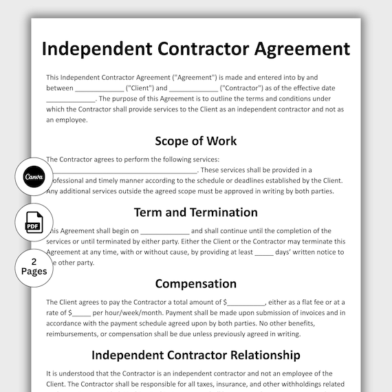Independent Contractor Agreement, Customizable Business Contract Form Template, Printable Property Construction form, Edit in Canva